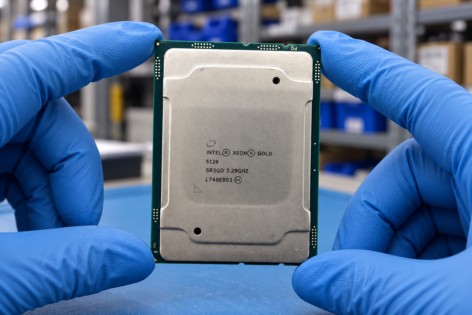 Intel Xeon Gold 5120 held by two blue-gloved hands above a blue electronics workbench; generated scene