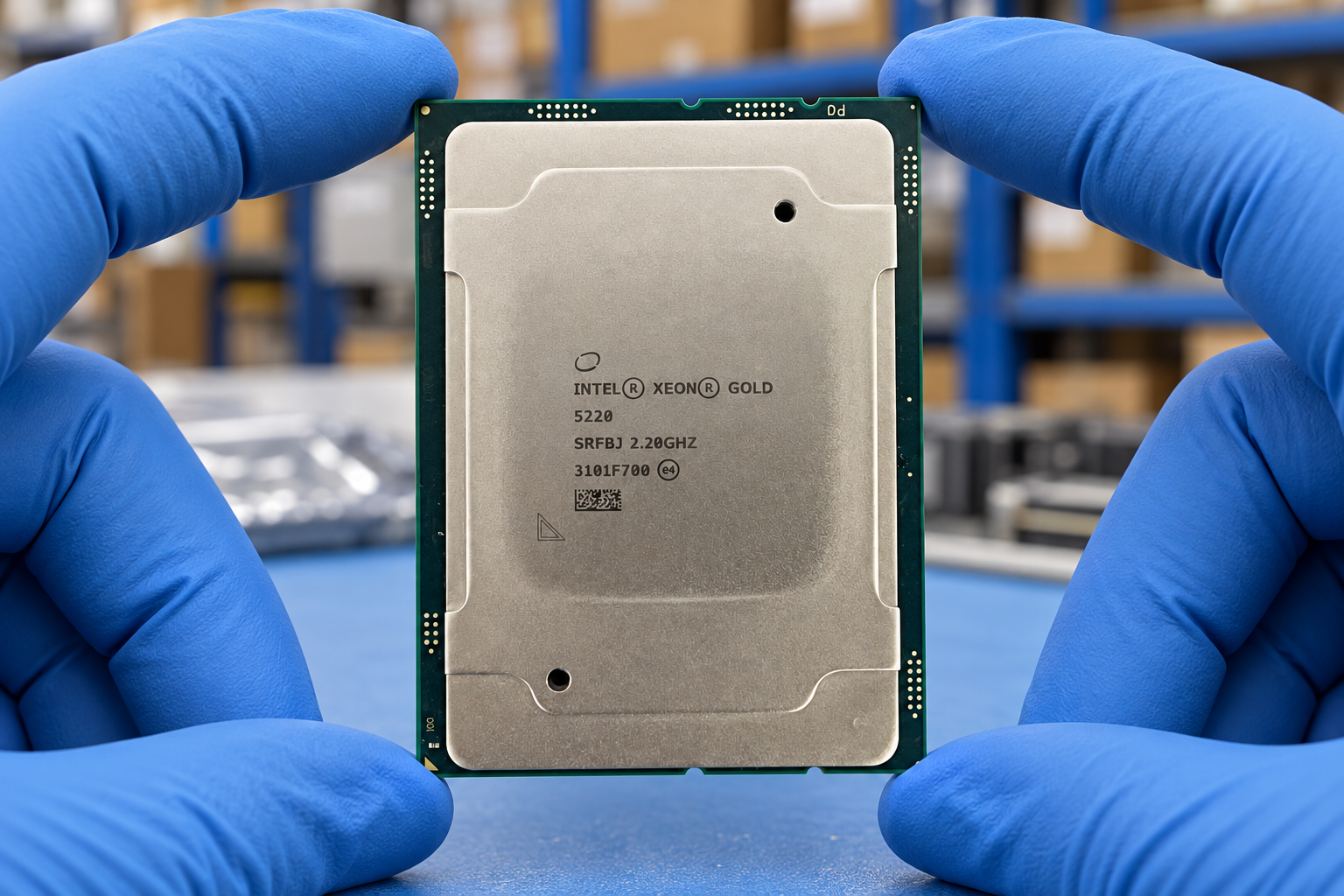Intel Xeon Gold 5220 held by two blue-gloved hands above a blue electronics workbench; generated scene