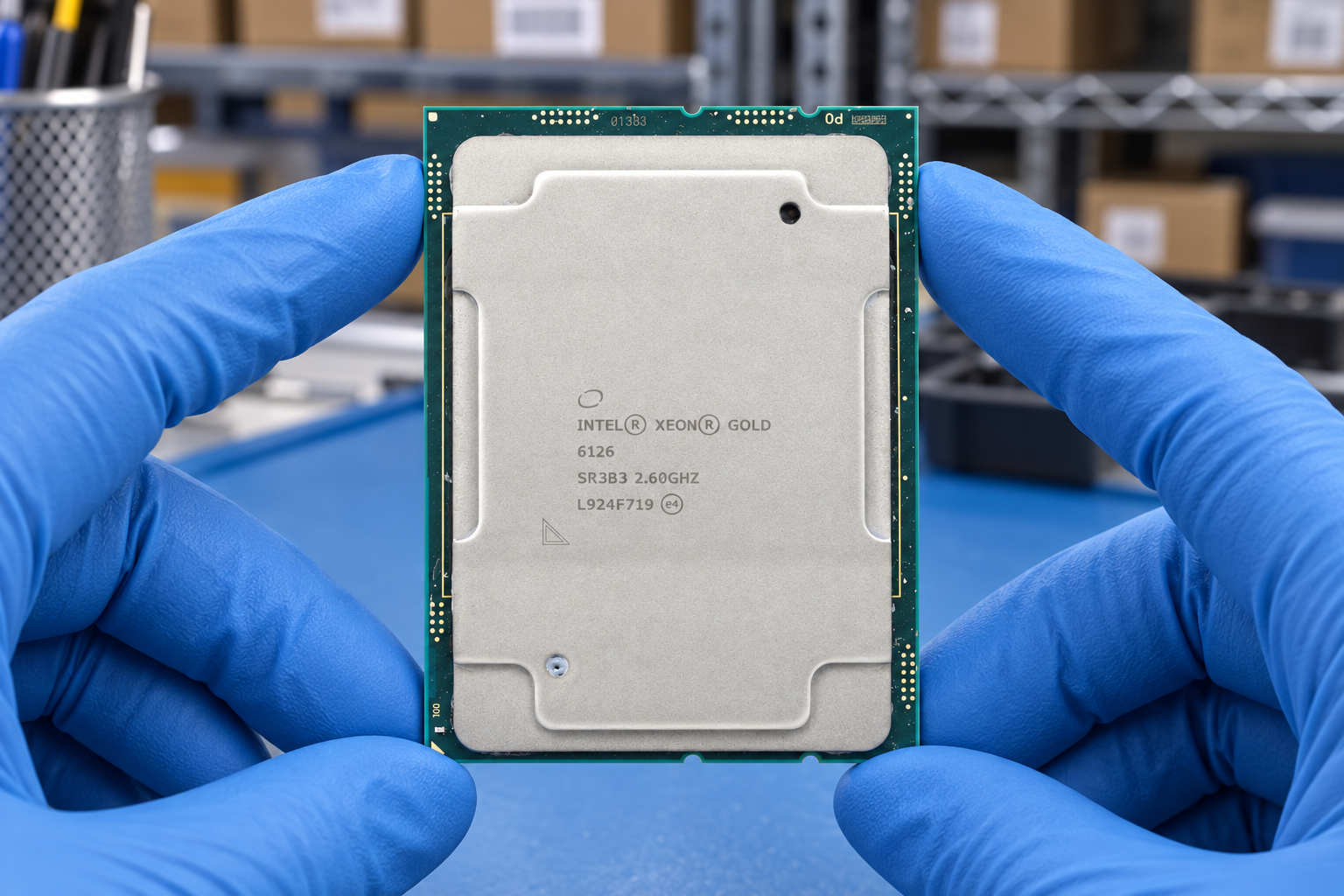 Intel Xeon Gold 6126 held by two blue-gloved hands above a blue electronics workbench; generated scene