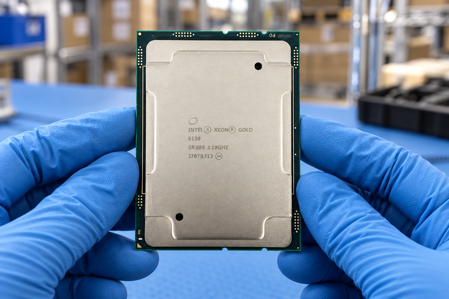 Intel Xeon Gold 6130 held by two blue-gloved hands above a blue electronics workbench; generated scene