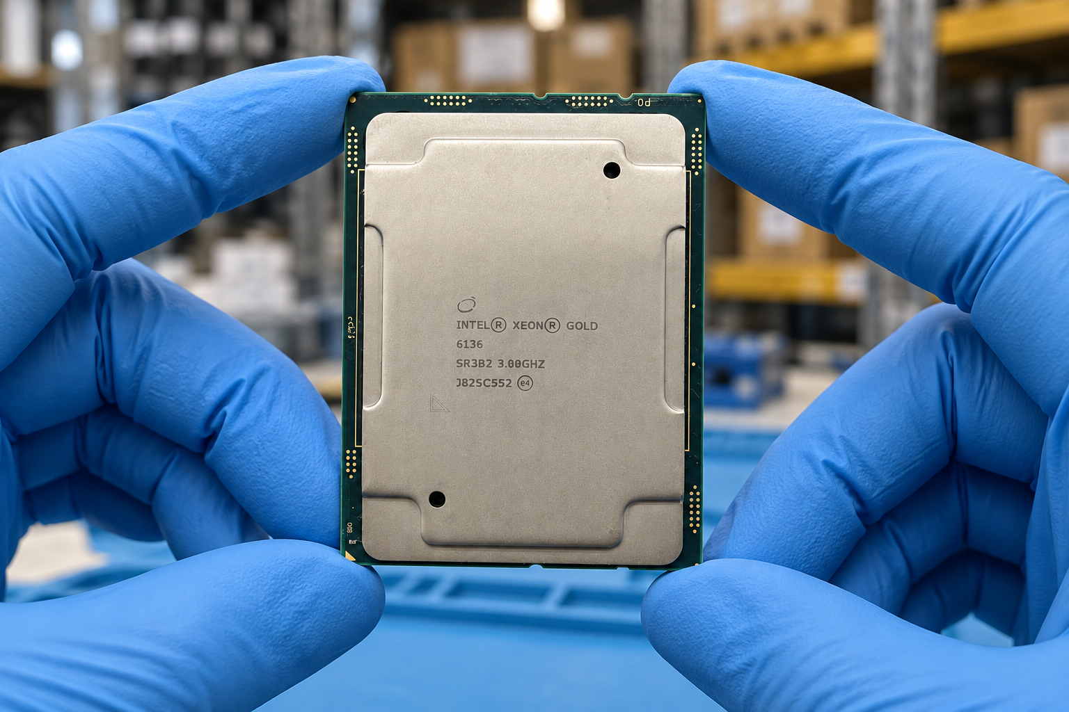 Intel Xeon Gold 6136 held by two blue-gloved hands above a blue electronics workbench; generated scene