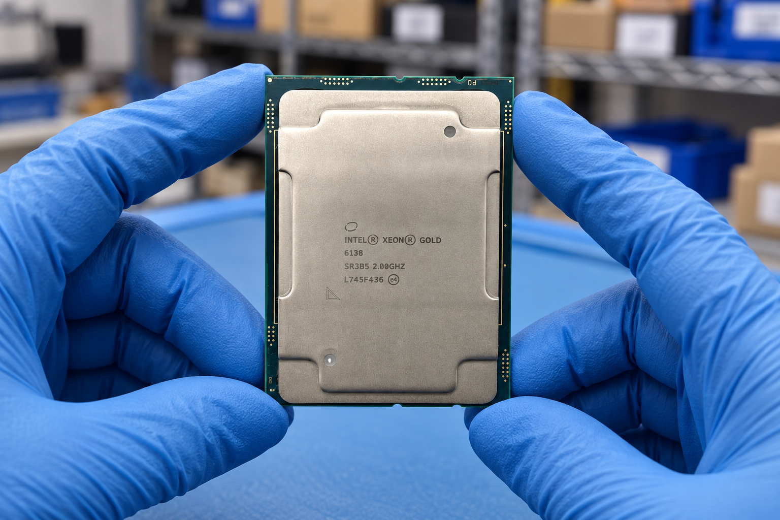 Intel Xeon Gold 6138 held by two blue-gloved hands above a blue electronics workbench; generated scene