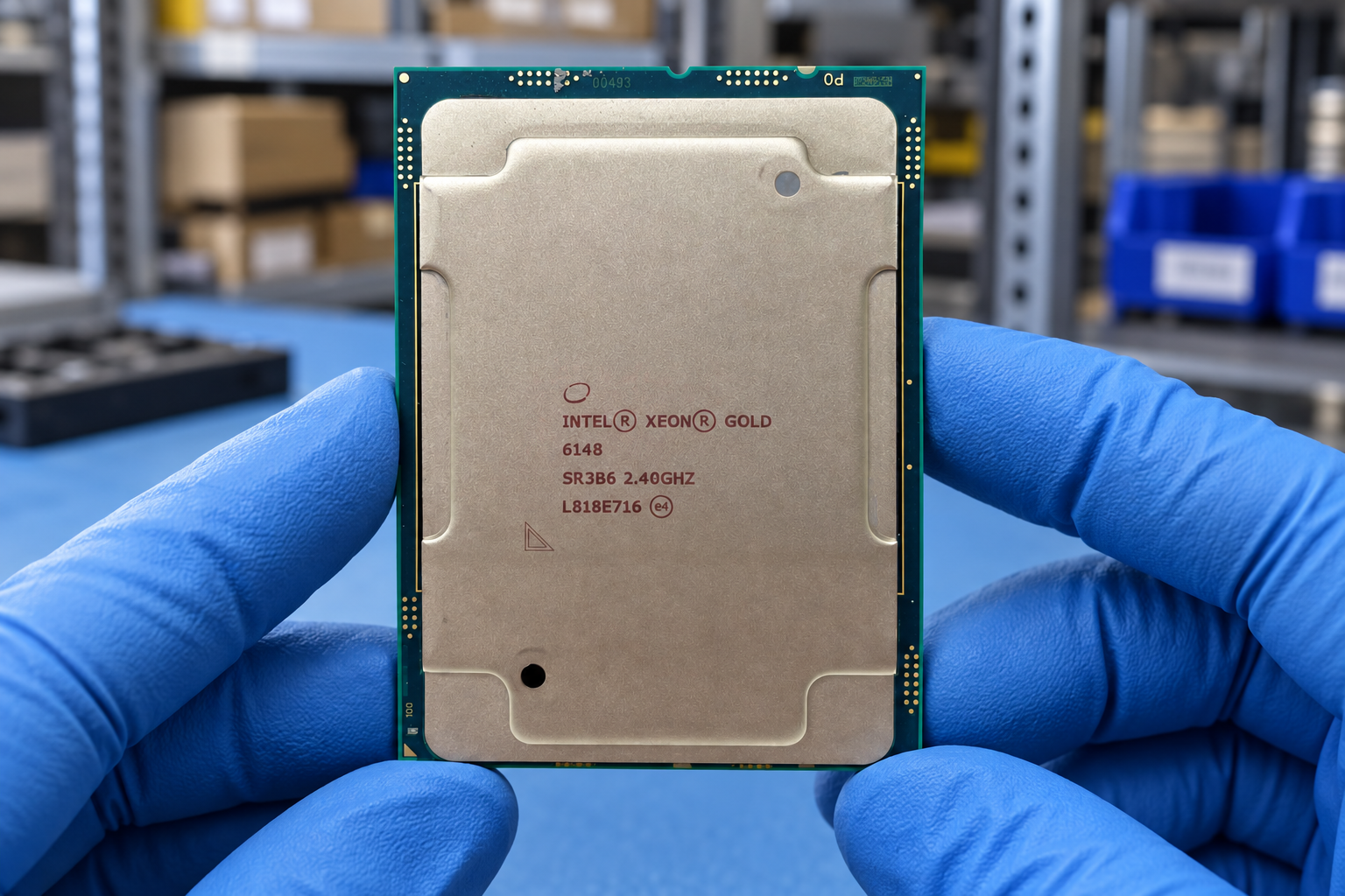Intel Xeon Gold 6148 held by two blue-gloved hands above a blue electronics workbench; generated scene