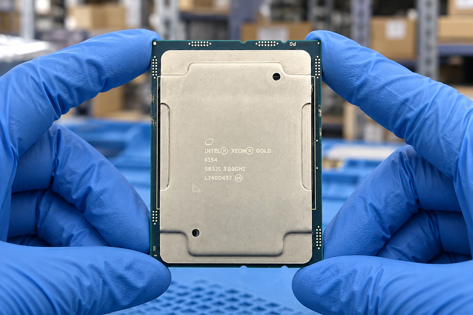 Intel Xeon Gold 6154 held by two blue-gloved hands above a blue electronics workbench; generated scene