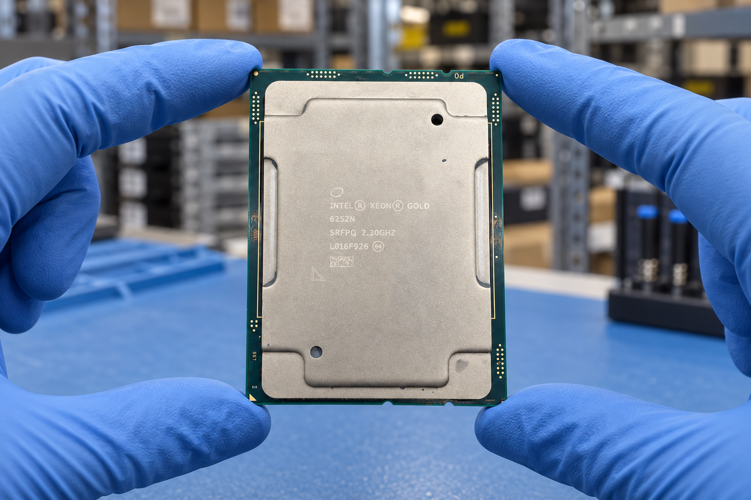 Intel Xeon Gold 6252N held by two blue-gloved hands above a blue electronics workbench; generated scene