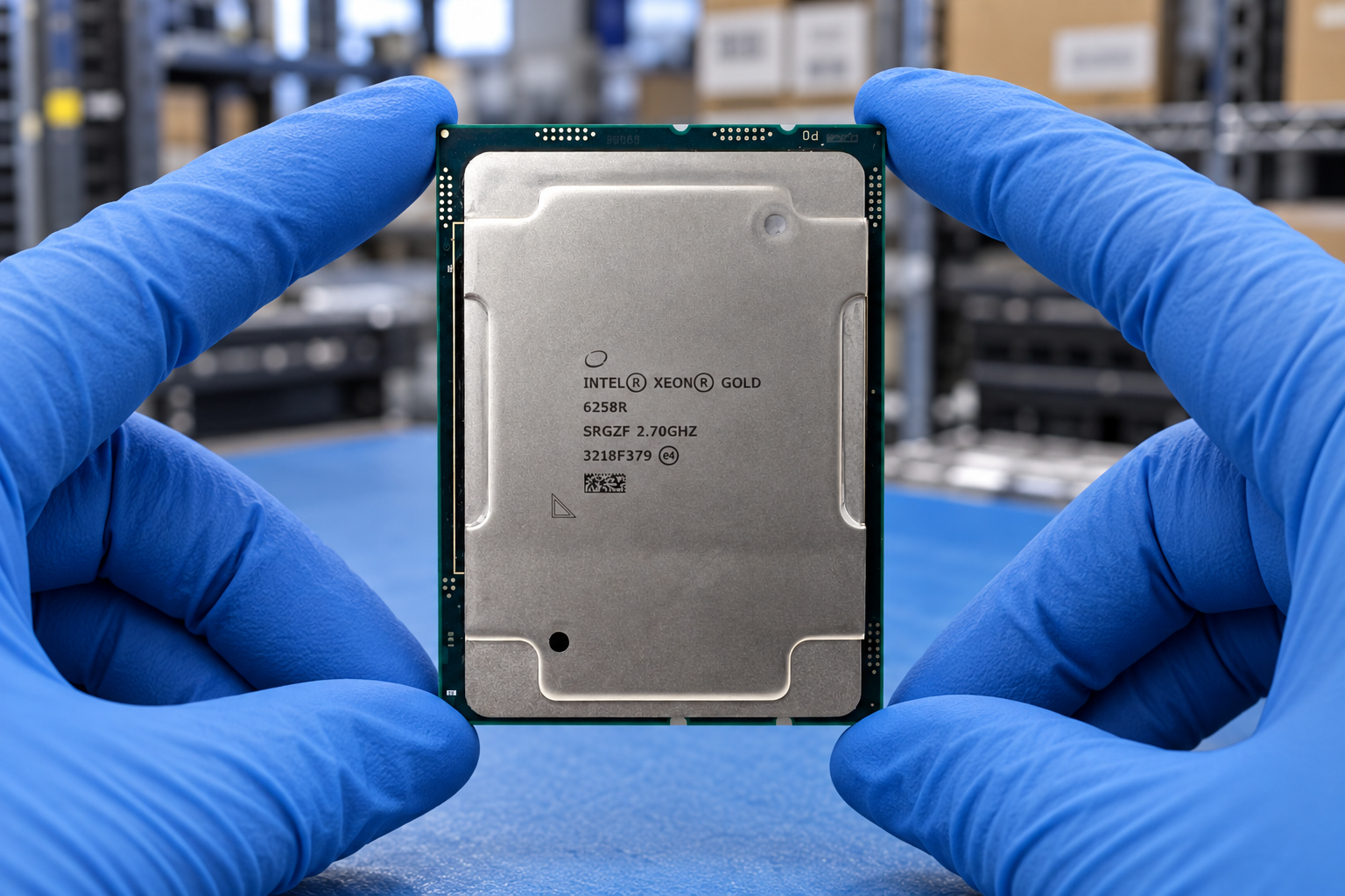Intel Xeon Gold 6258R held by two blue-gloved hands above a blue electronics workbench; generated scene