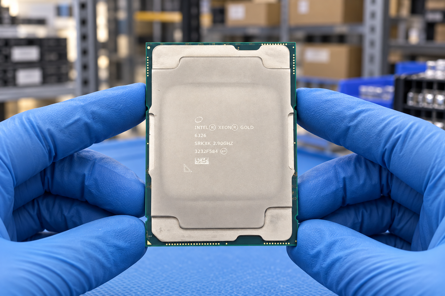 Intel Xeon Gold 6326 held by two blue-gloved hands above a blue electronics workbench; generated scene