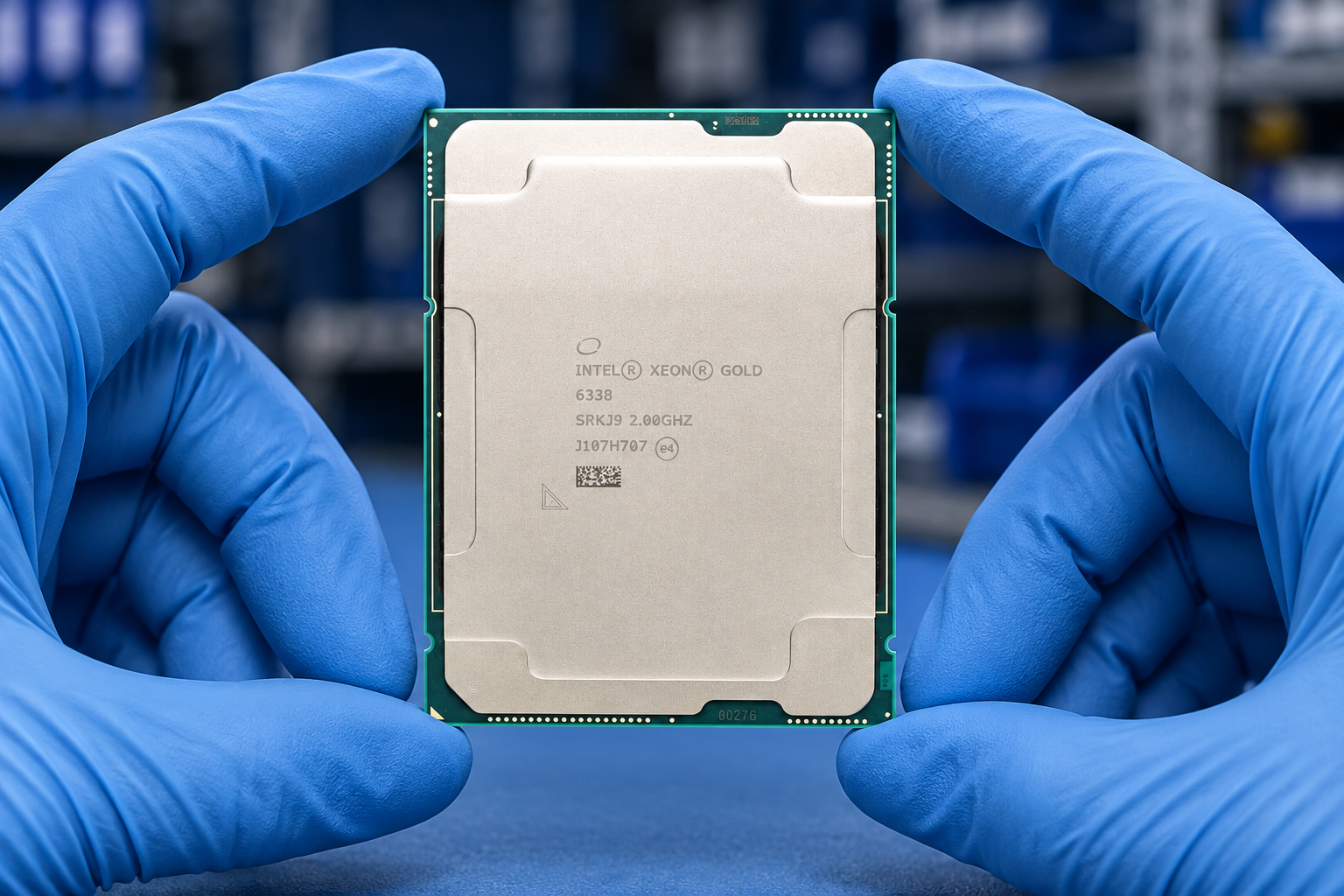 Intel Xeon Gold 6338 held at the edges by two blue-gloved hands above a blue electronics workbench; generated scene