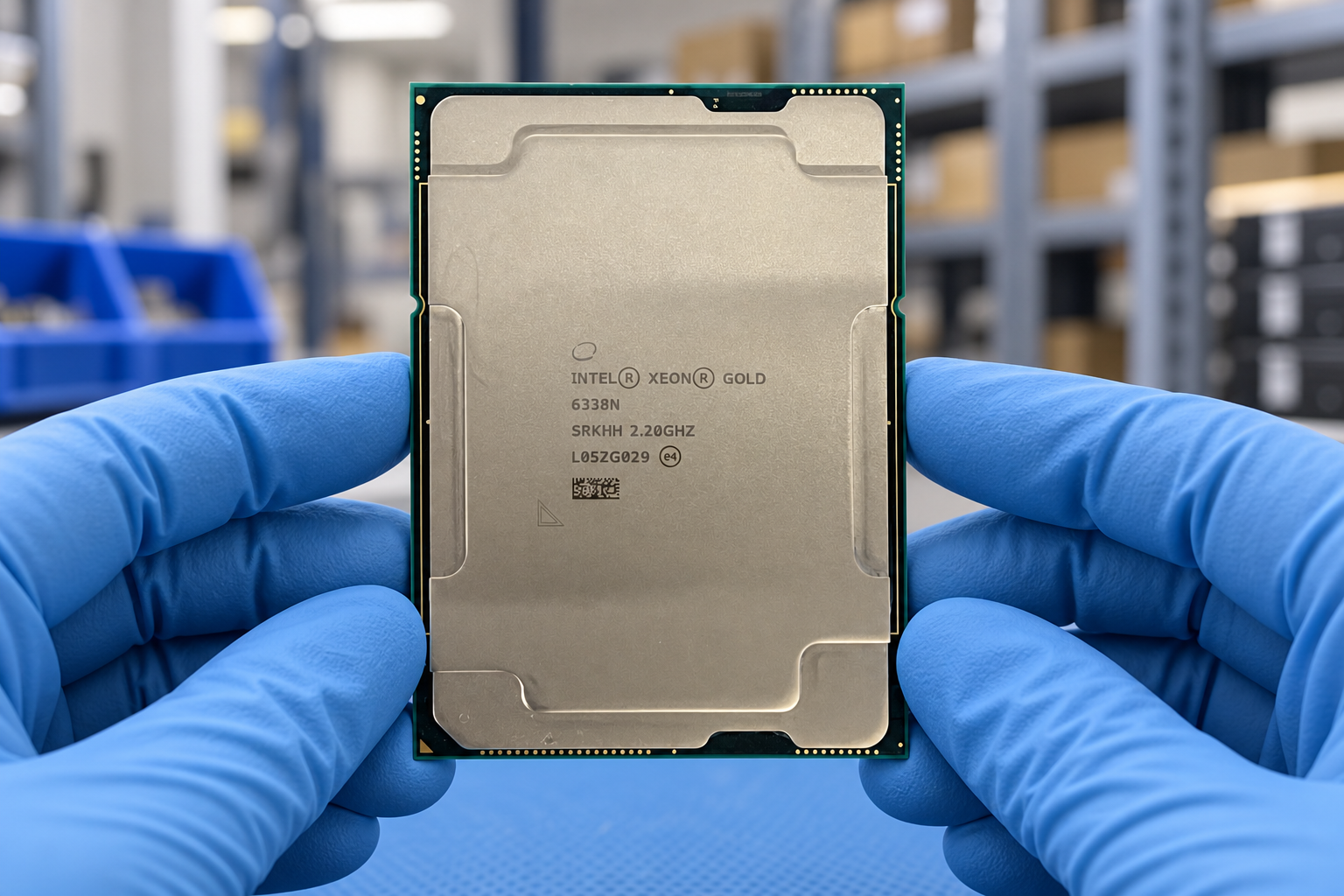 Intel Xeon Gold 6338N held by two blue-gloved hands above a blue electronics workbench; generated scene
