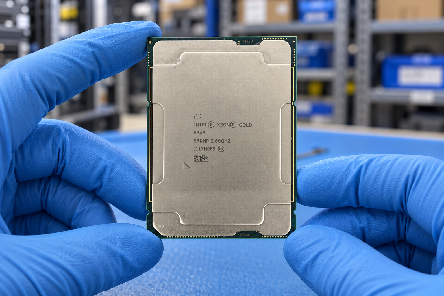 Intel Xeon Gold 6348 held by two blue-gloved hands above a blue electronics workbench; generated scene