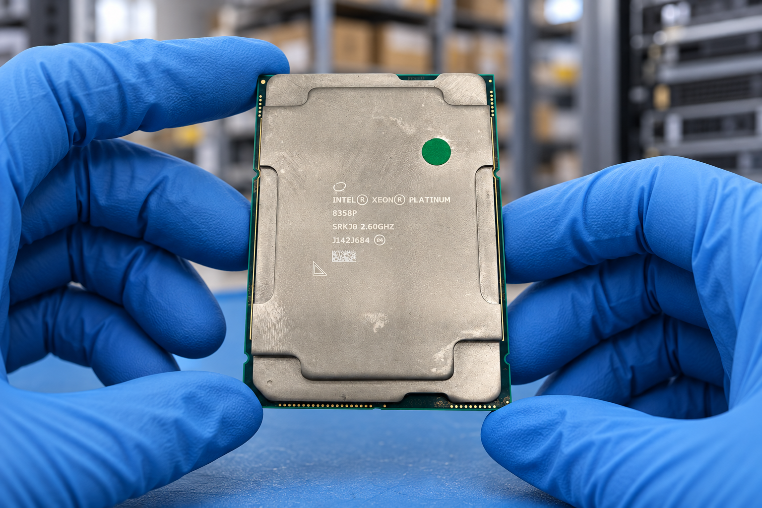 Intel Xeon Platinum 8358P held by two blue-gloved hands above a blue electronics workbench; generated scene
