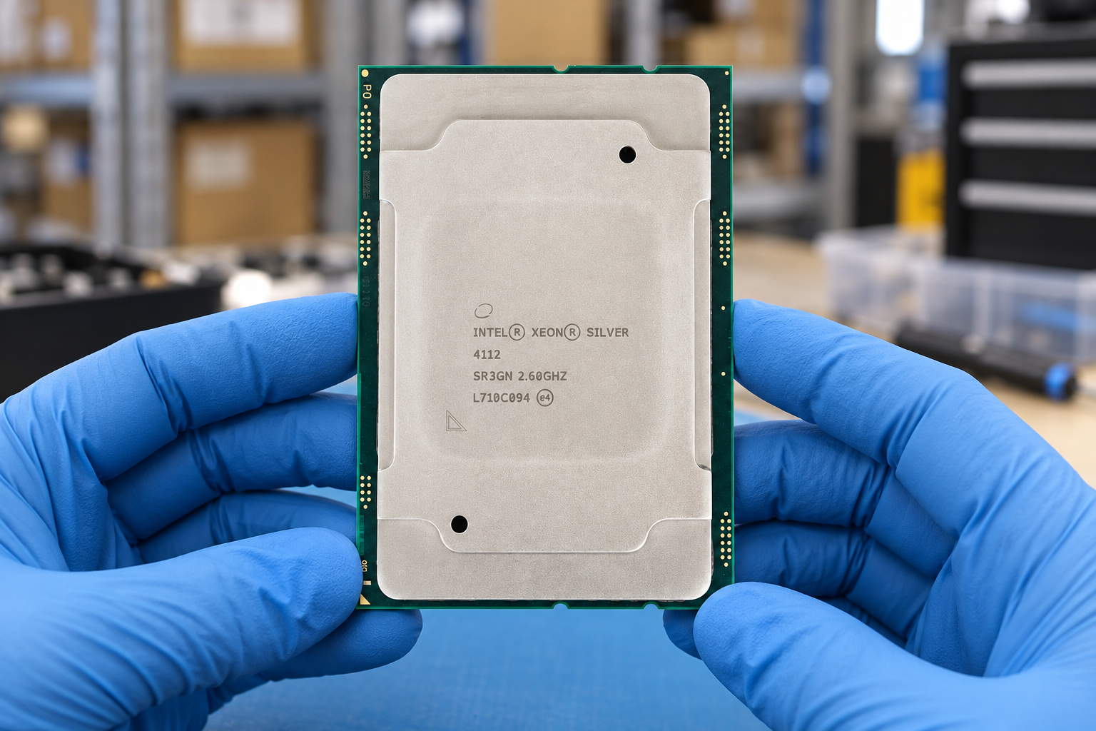 Intel Xeon Silver 4112 held by two blue-gloved hands above a blue electronics workbench; generated scene