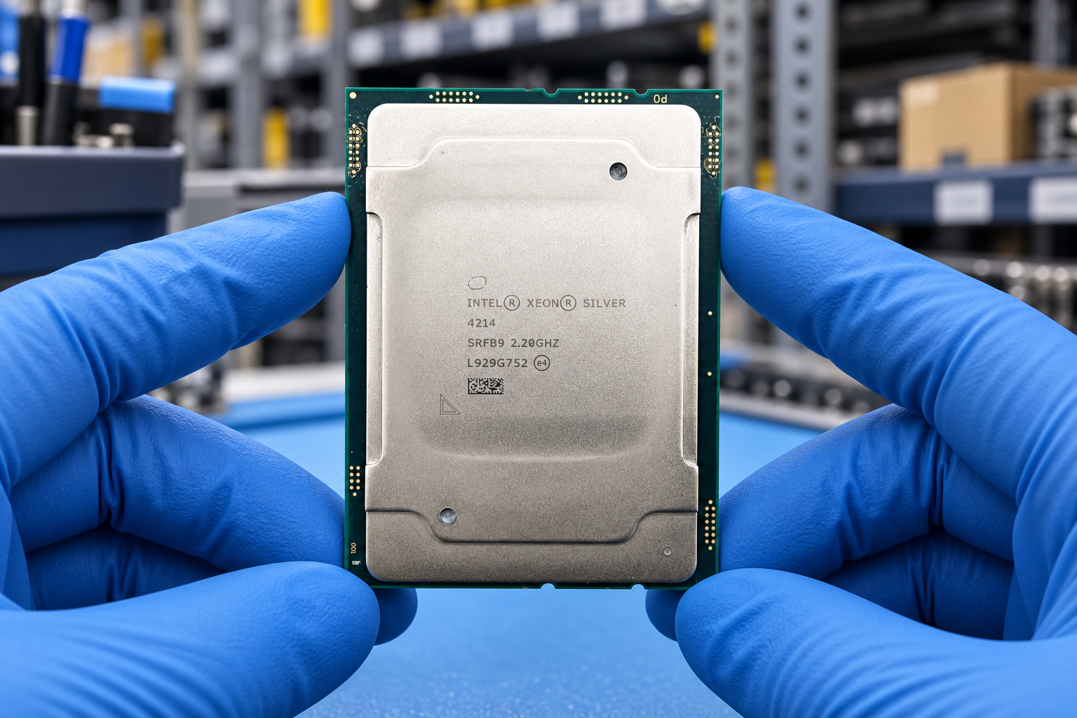 Intel Xeon Silver 4214 held by two blue-gloved hands above a blue electronics workbench; generated scene