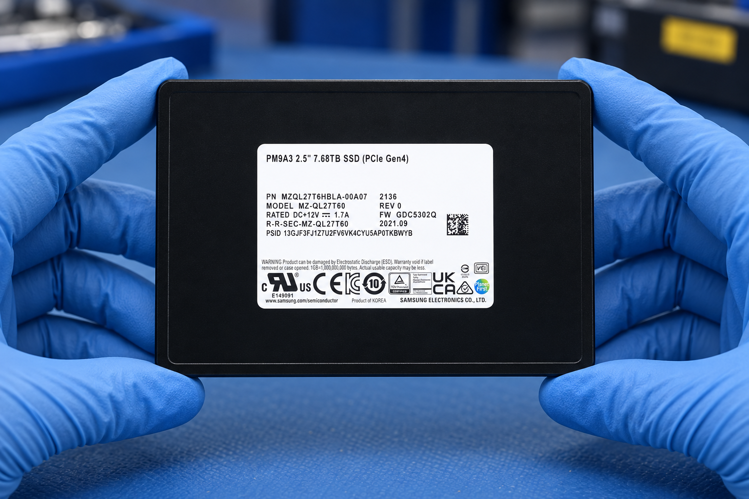 Samsung MZQL27T6HBLA-00A07 held at the edges by two blue-gloved hands above a blue electronics workbench; generated scene