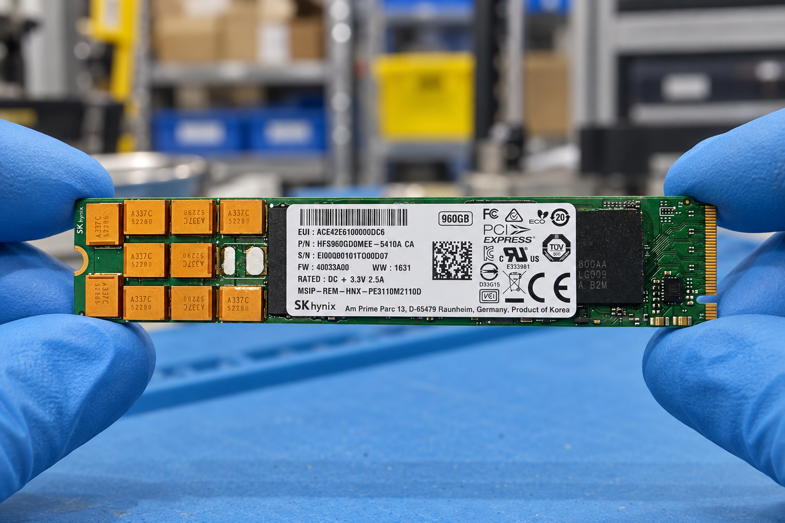 SK hynix HFS960GD0MEE-5410A held by two blue-gloved hands above a blue electronics workbench; generated scene