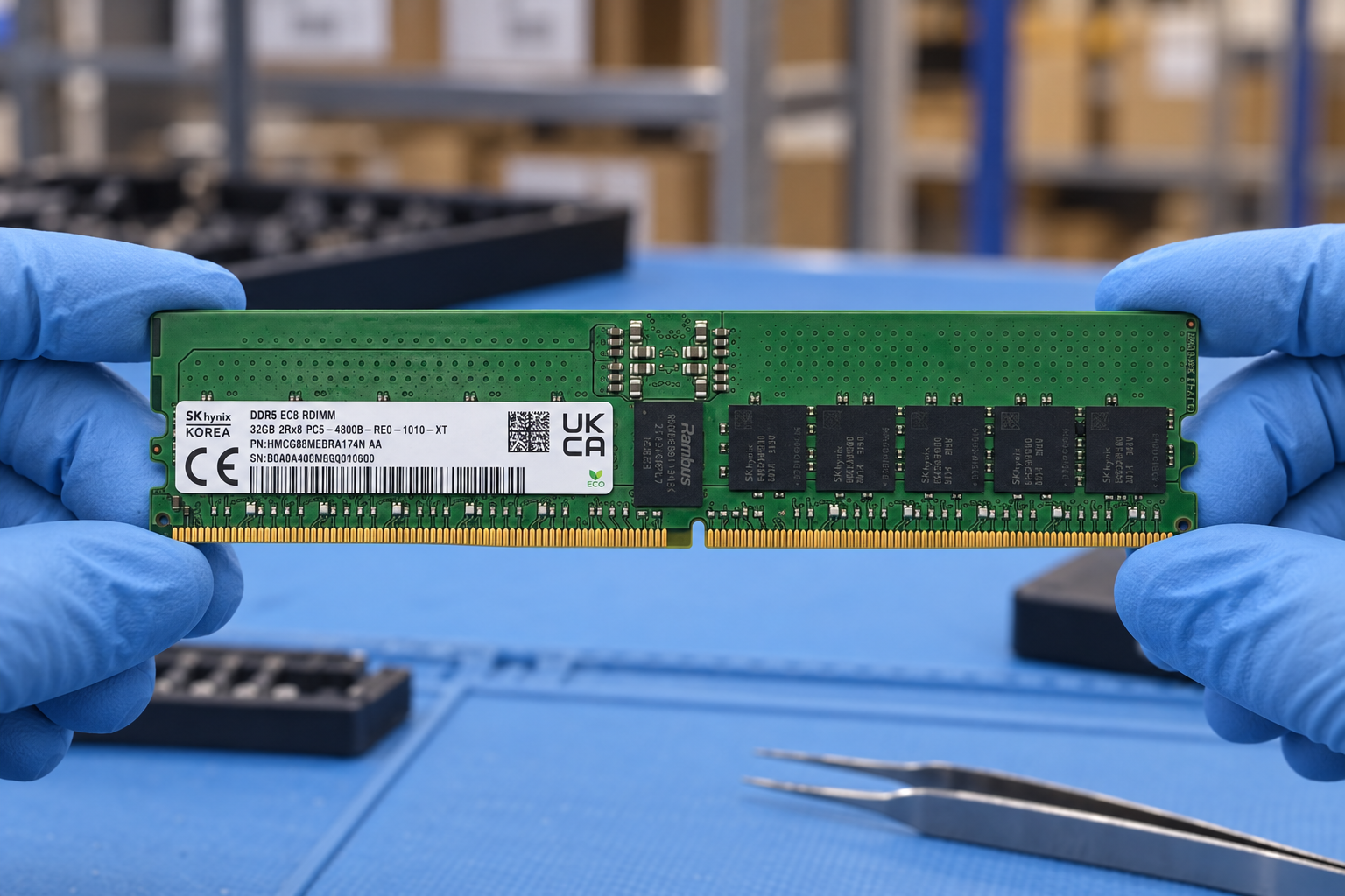SK hynix HMCG88MEBRA174N held by two blue-gloved hands above a blue electronics workbench; generated scene